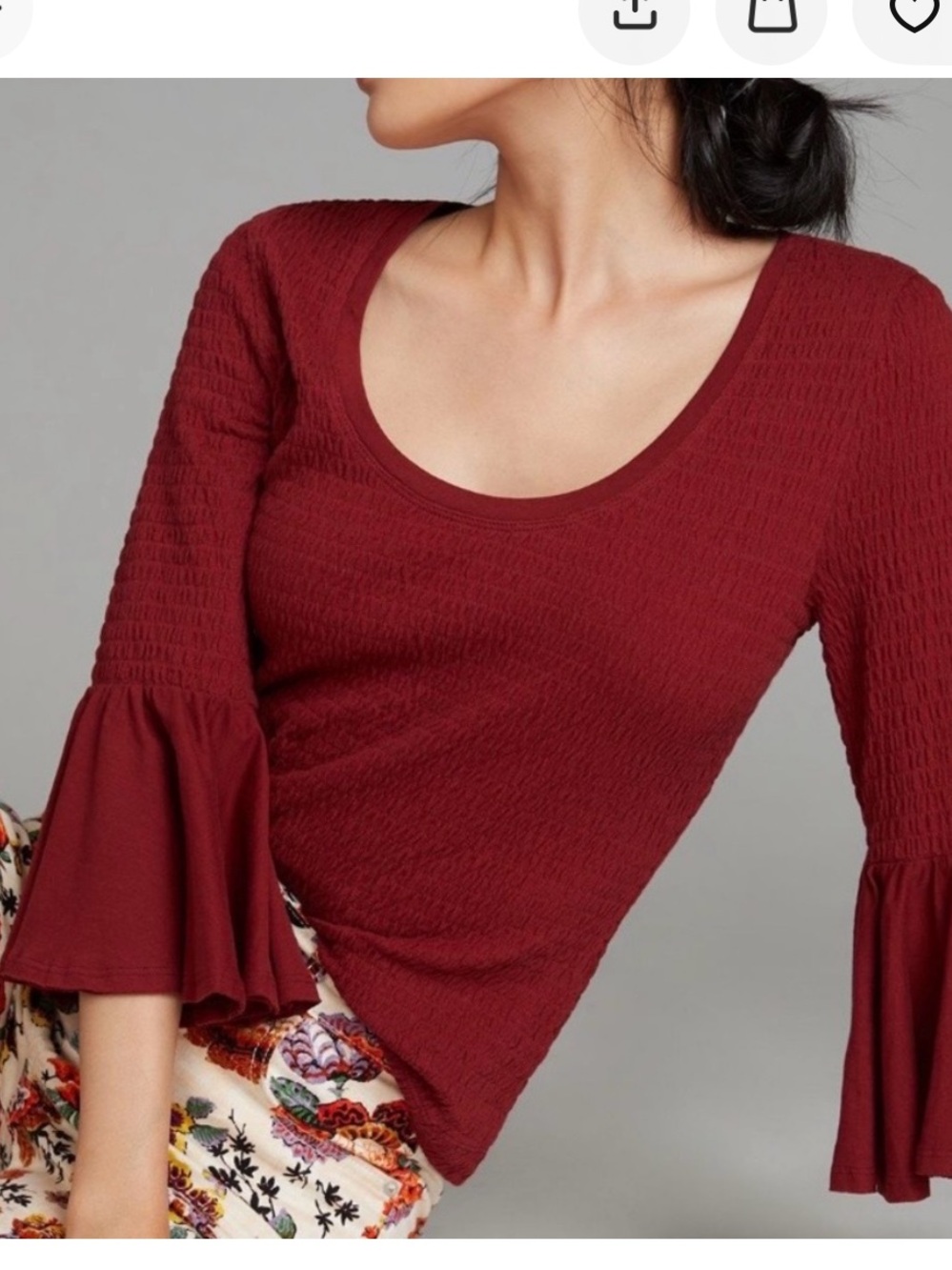 Anthropologie Shirt Womens M Maroon Red Smocked Bell Sleeve Scoop Neck Knit Top